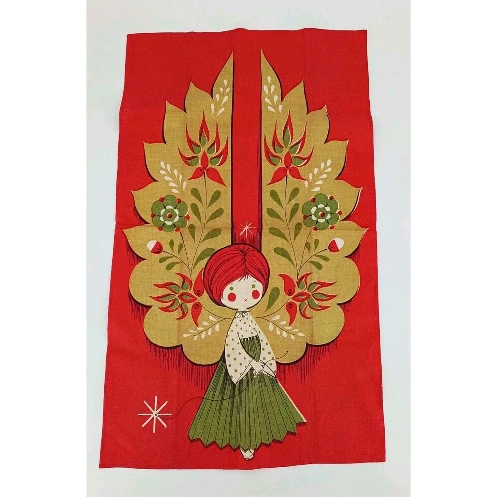 Vintage 60s Chuck Gruen Christmas Angel Linen Tea Towel Fallani Cohn MCM